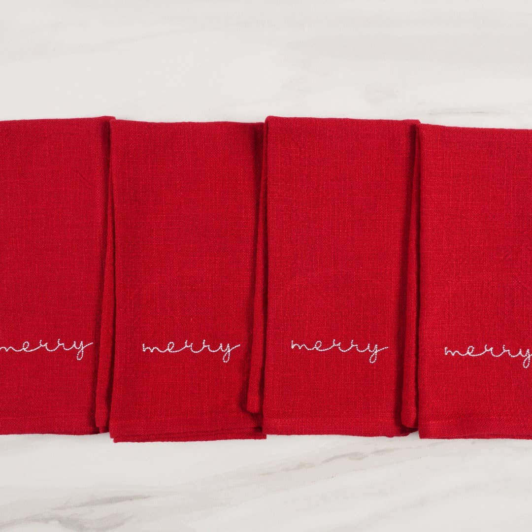 KAF Home Holiday Red Embroidered Set Of 4 Napkins, 20" x 20"