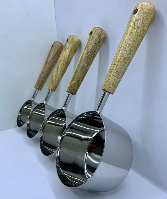 Set Of Four Measuring Cups - Steel with Wooden Handle