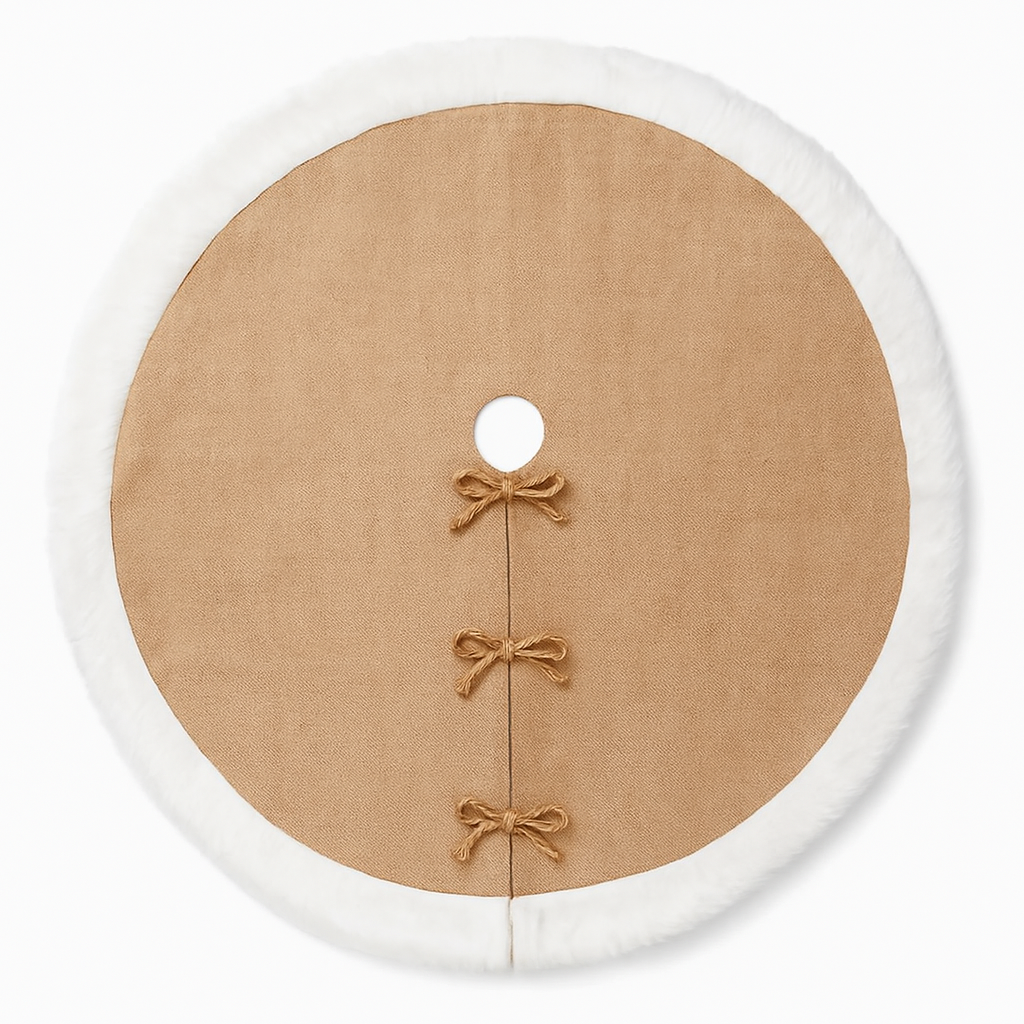 Rustic Burlap White Faux Fur Trim Christmas Tree Skirt