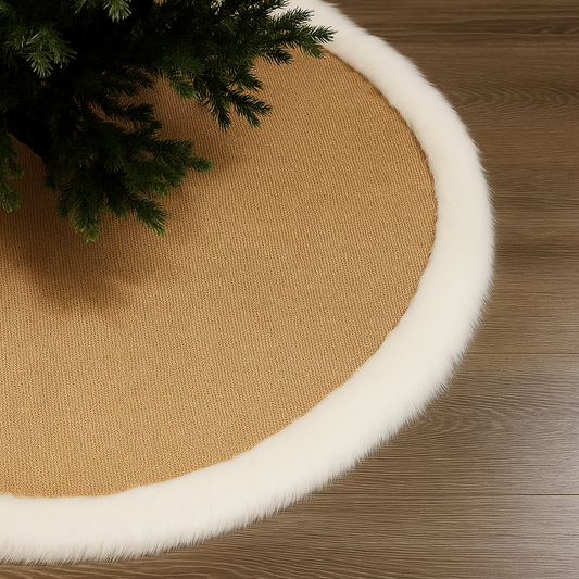 Rustic Burlap White Faux Fur Trim Christmas Tree Skirt