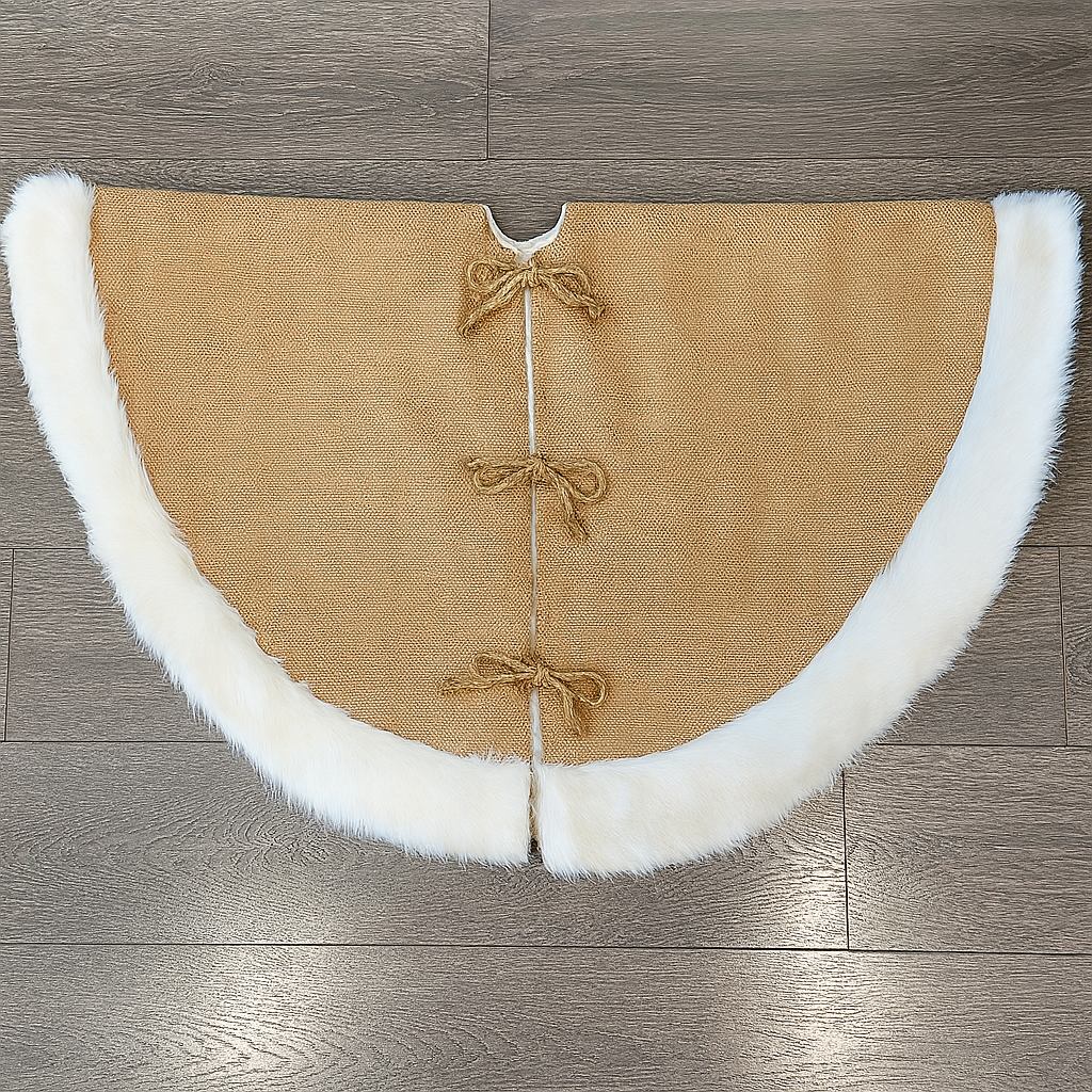 Rustic Burlap White Faux Fur Trim Christmas Tree Skirt