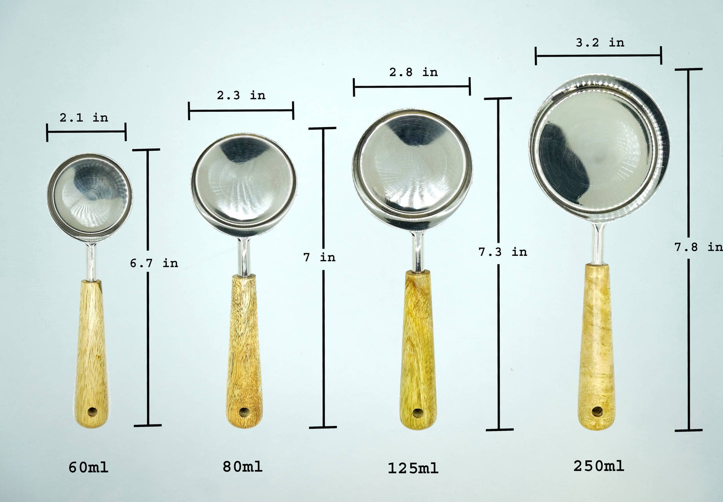 Set Of Four Measuring Cups - Steel with Wooden Handle