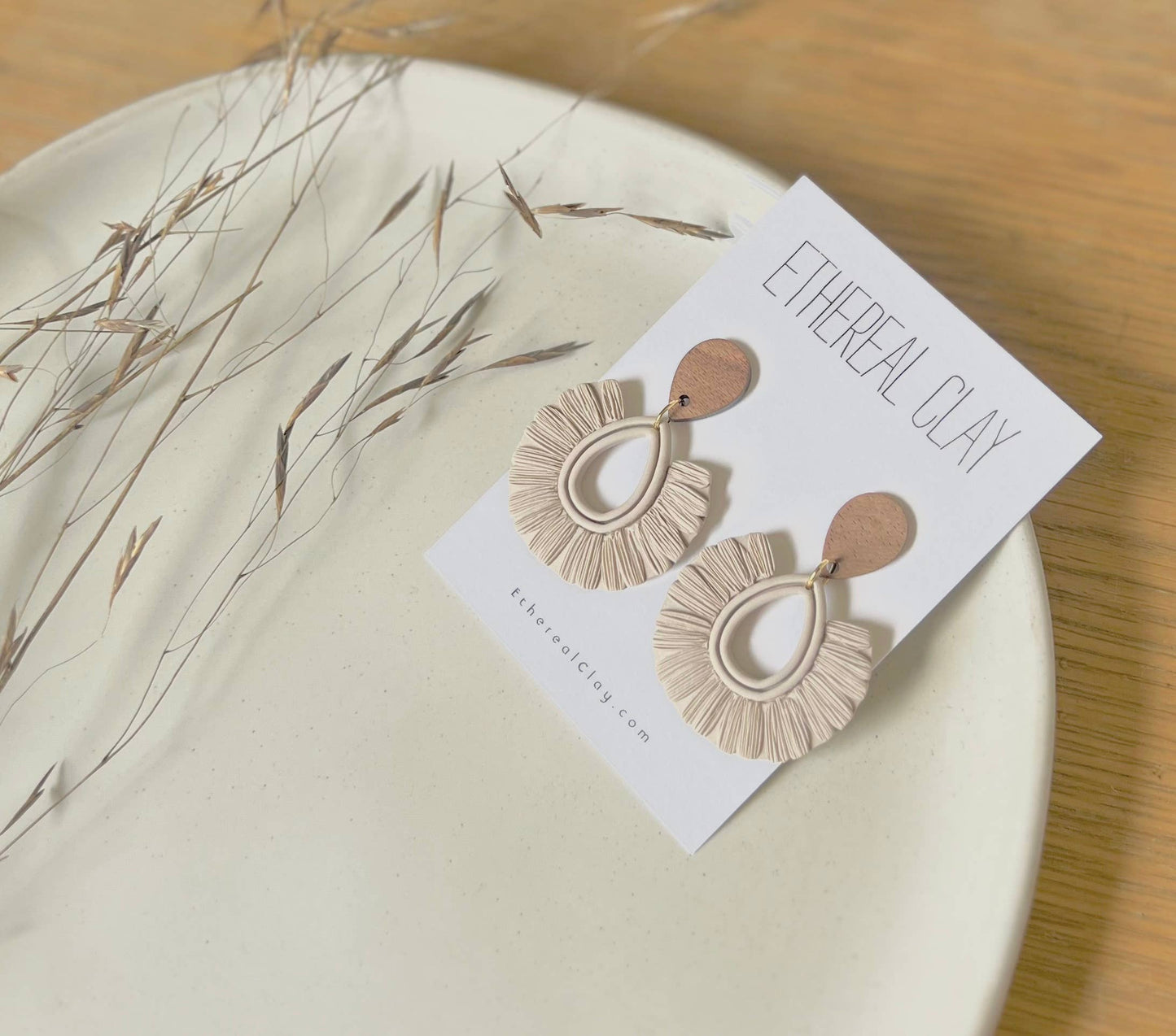 Raffia Inspired Clay Dangles, Boho, Wooden Stud Tops