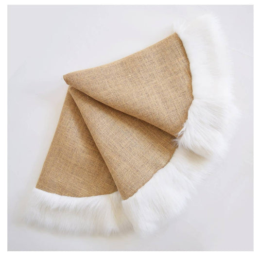 Rustic Burlap White Faux Fur Trim Christmas Tree Skirt