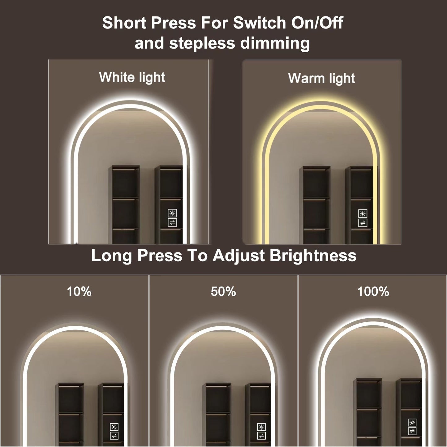 65” LED Full-Length Mirror – Arch Design, Lights, Shatter-Proof
