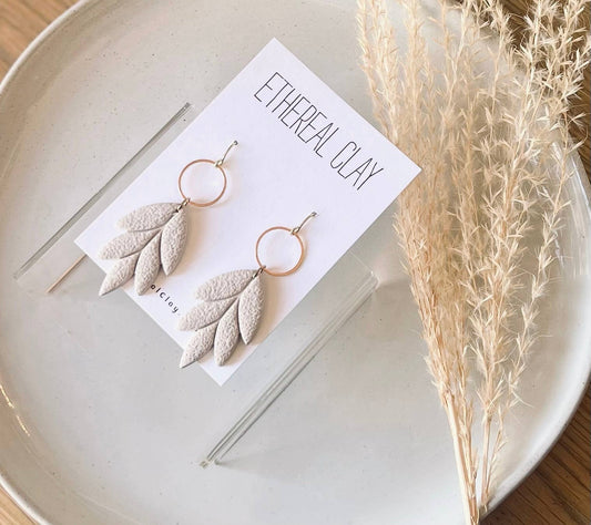 Boho Clay Earrings, Textured Leaf Dangle, Bohemian