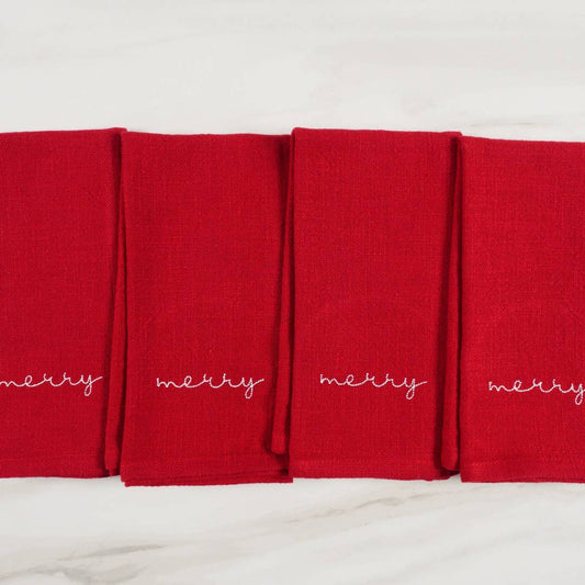 KAF Home Holiday Red Embroidered Set Of 4 Napkins, 20" x 20"