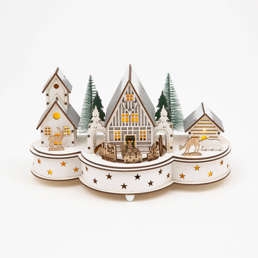 Christmas 11.81"L B/O Lighted & Musical Laser Cut Wood Villa