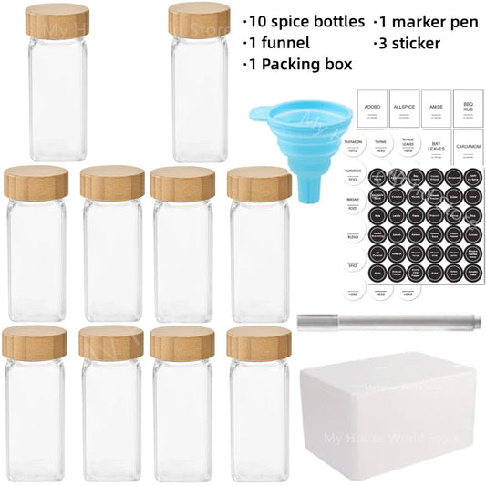 Glass Spice Jars with Bamboo Lids - Salt Pepper Shakers & Spice Organizer Set