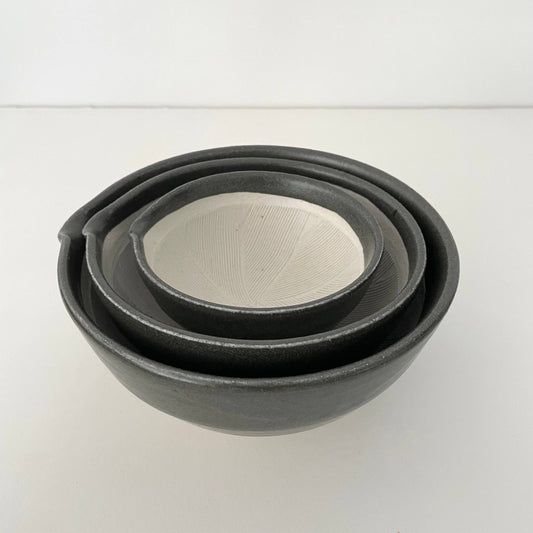 3 sizes of nestling mortars neutral charcoal ceramic pottery