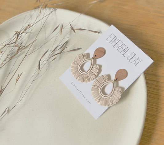 Raffia Inspired Clay Dangles, Boho, Wooden Stud Tops 
