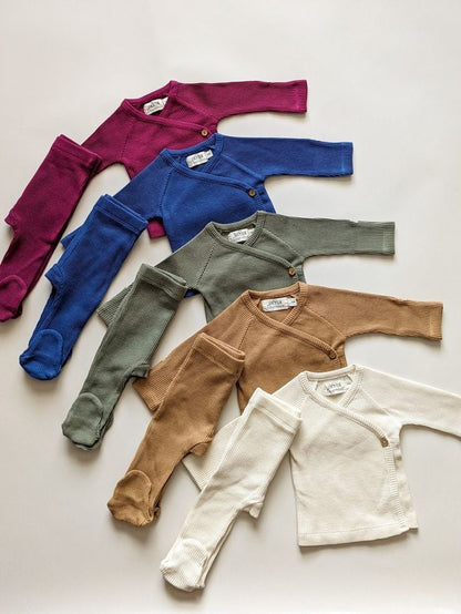 Organic Waffle Kimono Top & Footed Pant Set | Berry